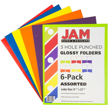 JAM Glossy 3 Hole Punch Folders, Assorted, 6/Pack, Assorted
