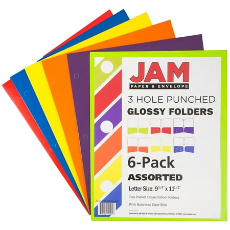 Glossy 2 Pockets - JAM Paper Laminated Two Pocket Glossy 3 Hole Punch Folders, Assorted Primary Colors, 6/pack