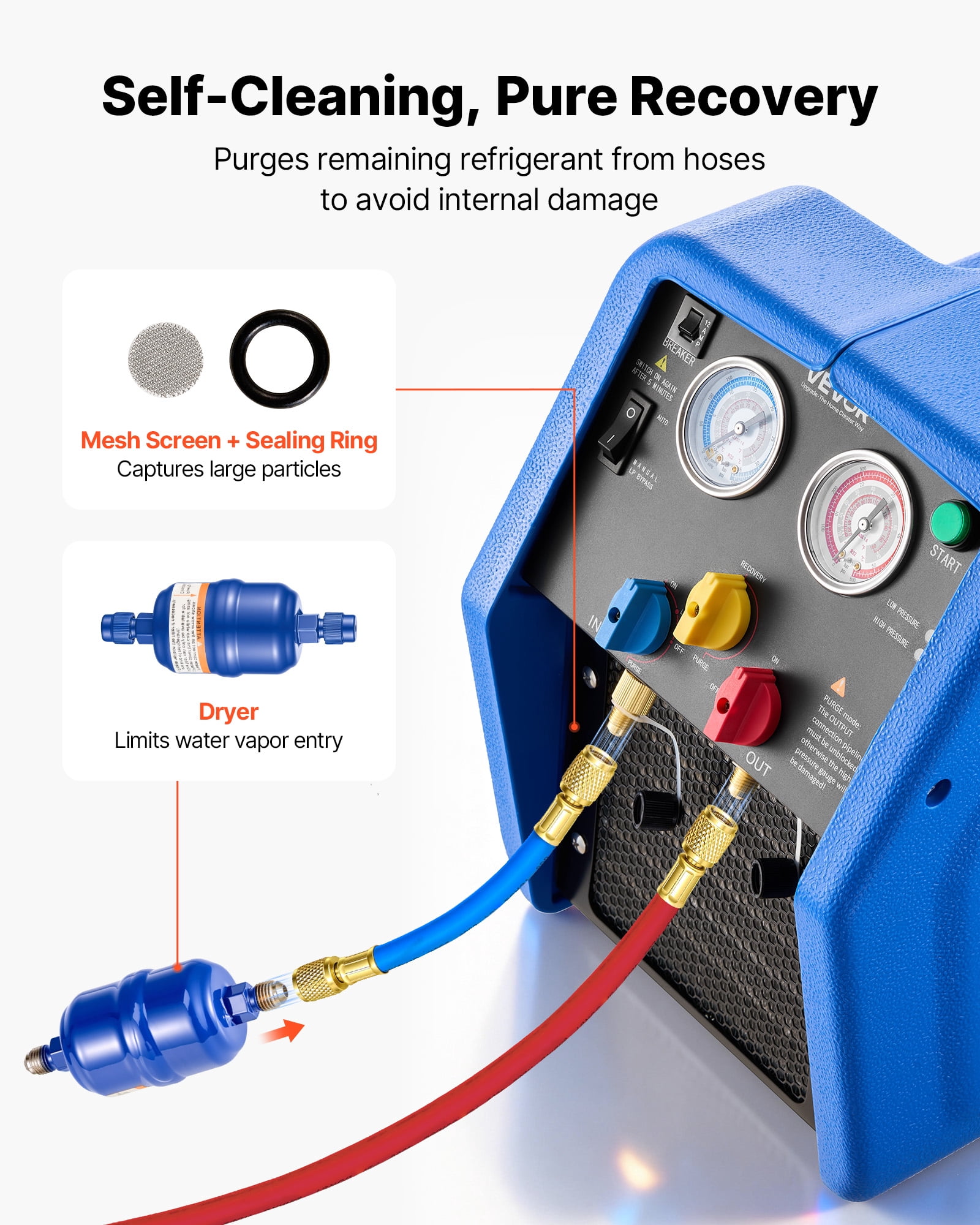 VEVOR Portable Refrigerant Recovery Machine, 3/4 HP 110V 60Hz Single Cylinder AC Recovery Machine for Liquid Vapor Refrigerant,1750 RPM Recycling Unit HVAC for Automotive & Household Air Conditioning