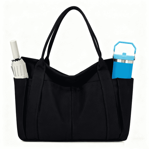WANDF Large Tote Bag for Women,College,Durable Canvas Totes with Bottle Pockets,Ladies Sling Shoulder Handbags Purse Laptop Bag for Travel, Work,Gym(Black Bag)