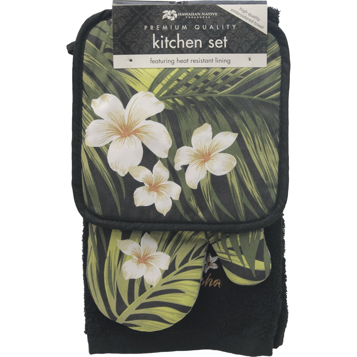 Hawaii 3 Piece Kitchen Set Towel & Potholder & Oven Mitt Plumeria Palm