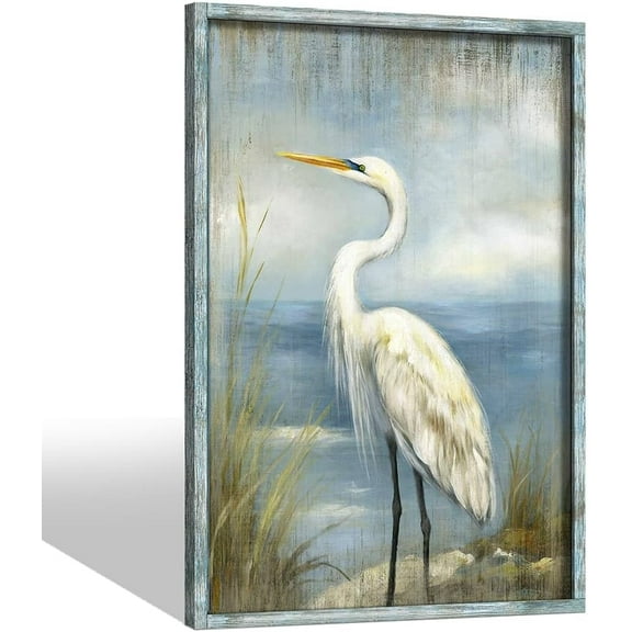 CDDposter Coastal Beach Framed Wall Art: Large Heron Wooden Painting Ocean Sea Bird Prints Blue Seasacoe Picture Beach Seashore Artwork for Bathroom Bedroom Home Office