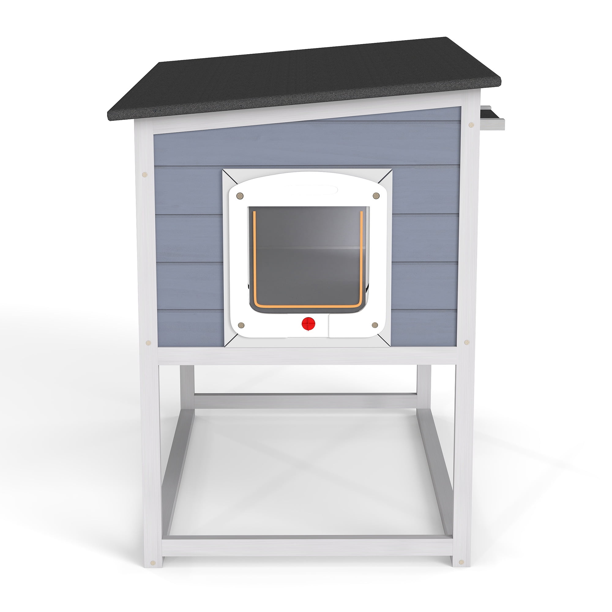 Weatherproof Outdoor Cat House, Elevated Feral Cat Shelter with High Legs, Curtained Door, Escape Door, Openable Top, Gray with Patterned Panel