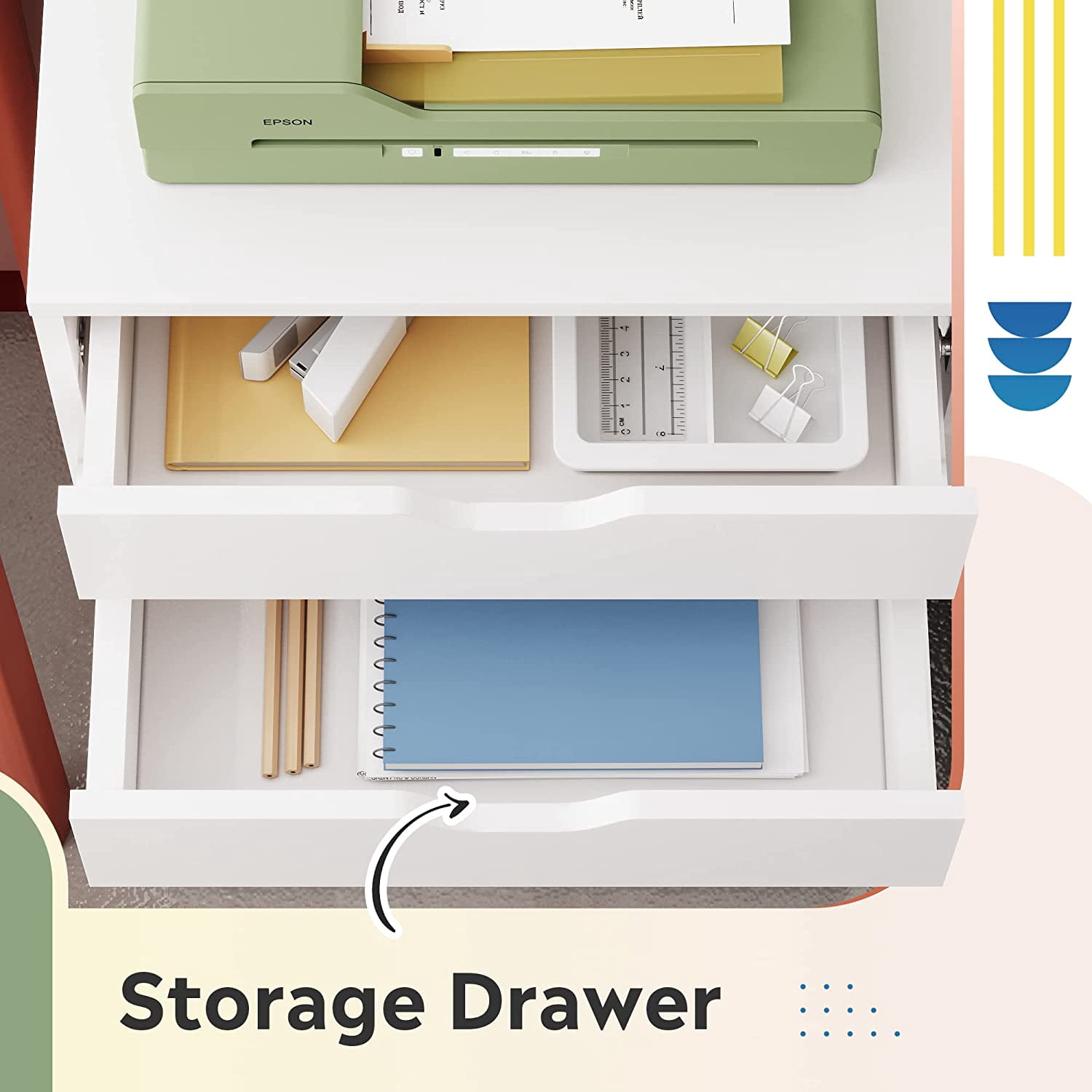 5-Drawer Filing Cabinet Under Desk, Wood Storage file Cabinet with Wheels, White