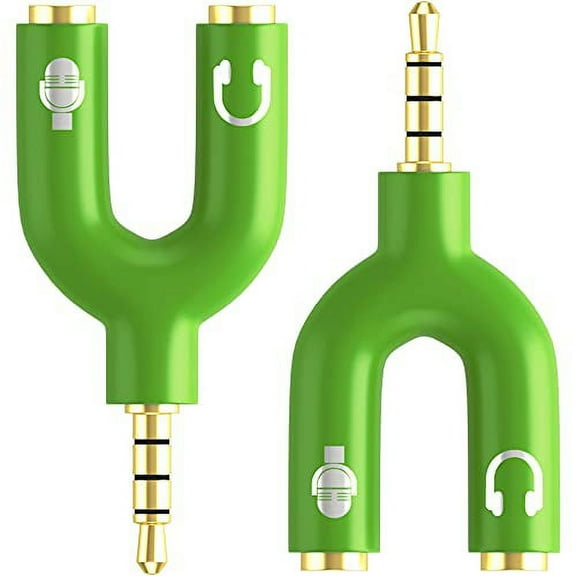 [2-Pack] Headphone Splitter Adapter, 3.5mm Male to 2 Port 3.5mm Female Y Jack Splitter for Audio Stereo and MIC, Headset to PC Adapter for Phones, Computers, MP3, Tablet (Green)