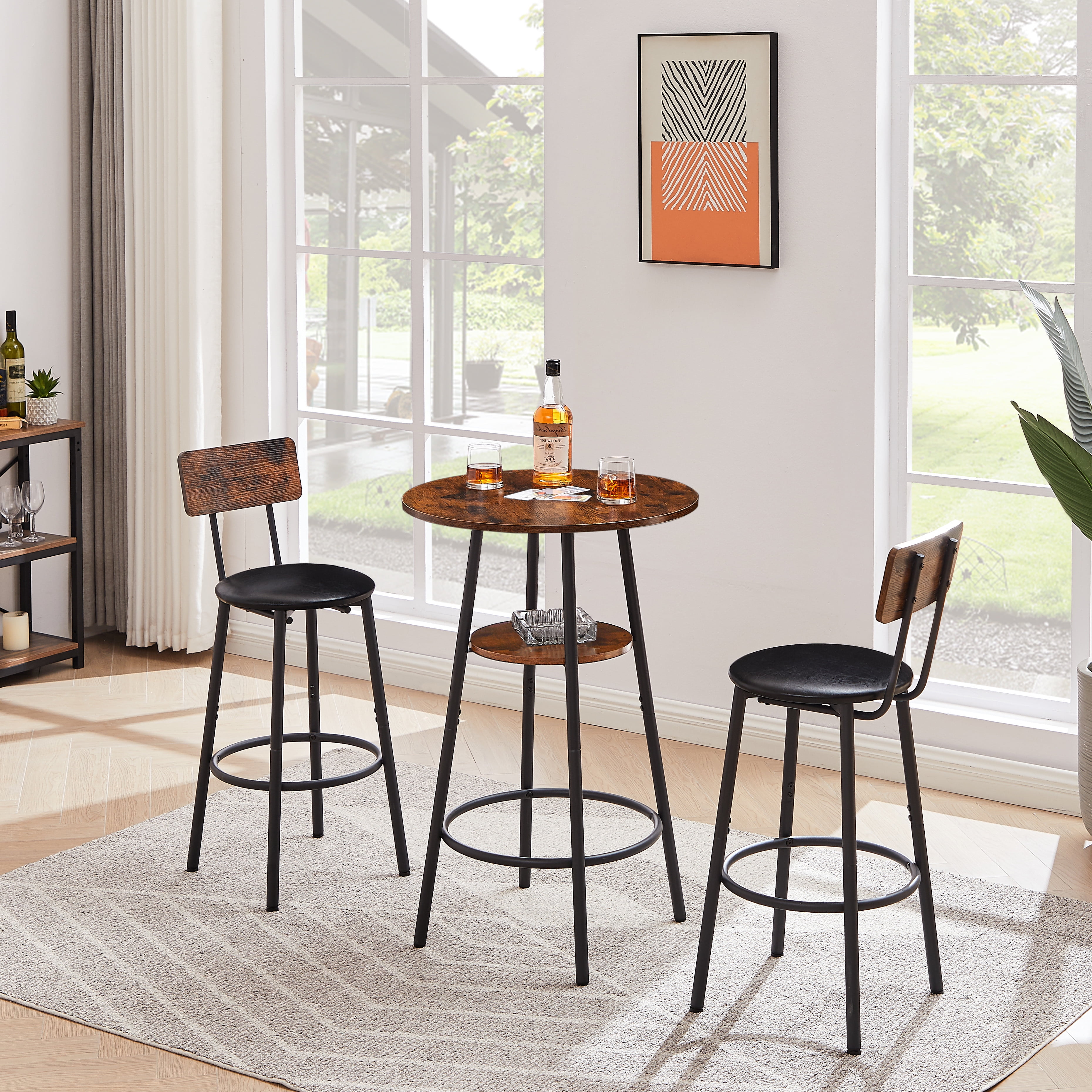 PAPROOS Round Bar Table Set for 2, 3 Pcs Pub Bistro Table and PU Upholstered Stools with Backrest, Industrial Counter Height Dining Table and Chairs for Kitchen Breakfast Nook Balcony, Brown