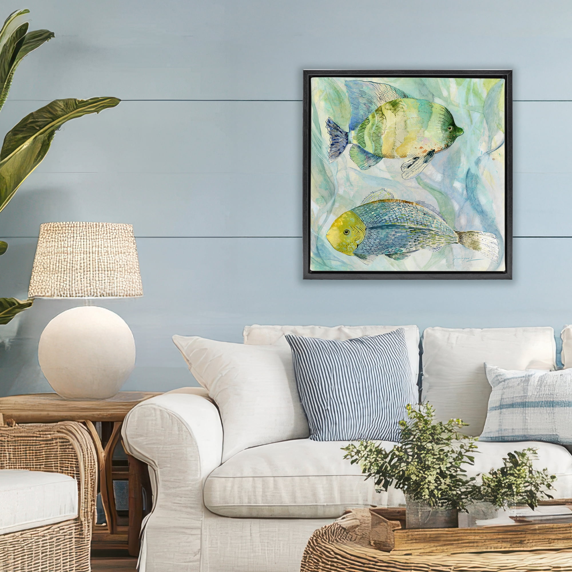 Stupell Industries Sweet Fish Duo Blue Green Black Framed Floater Canvas Wall Art, design by Lorenzo Collective