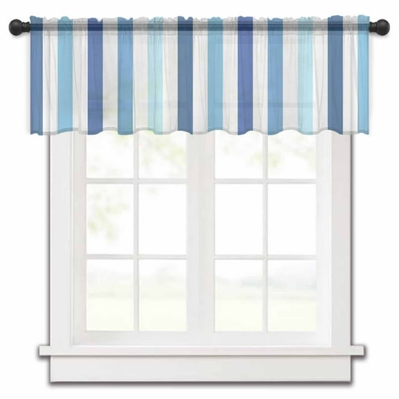 Geometric Stripe Valance Curtains for Kitchen/Living Room/Bathroom/Bedroom Window, Ombre Farmhouse Blue Vertical Striped Rod Pocket Small Topper Half Short Window Curtains Voile Sheer Scarf 54"x18"