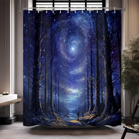 Forest Shower Curtain Abstract Galaxy Shower Curtain Bush Tree Forest Purple Sky Oil Painting Art Style Bathroom Bathtub Waterproof Shower Curtain Set with 12 Hooks 72x72 inches