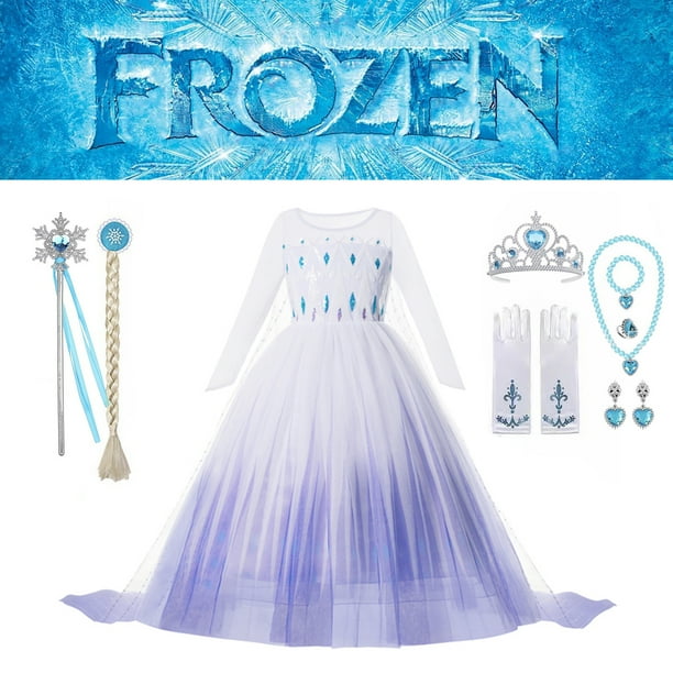 11PCS/Set Princess Elsa Girl's Dress, White Sequin Mesh Prom Dress