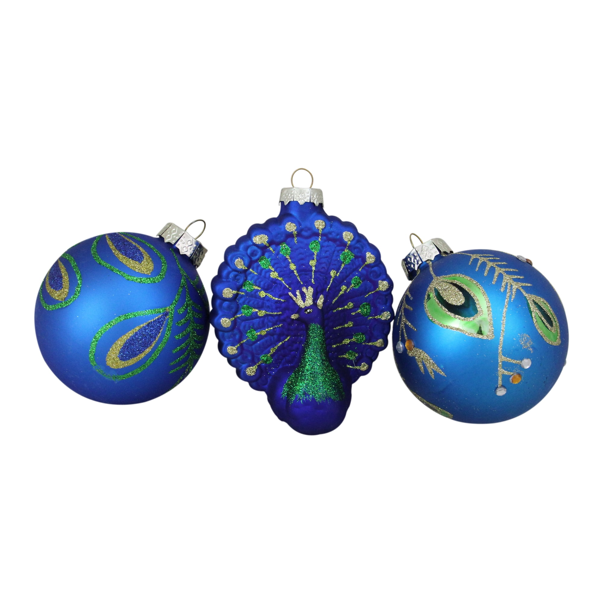 3ct Royal Blue and Green Peacock Glass Christmas Ornaments