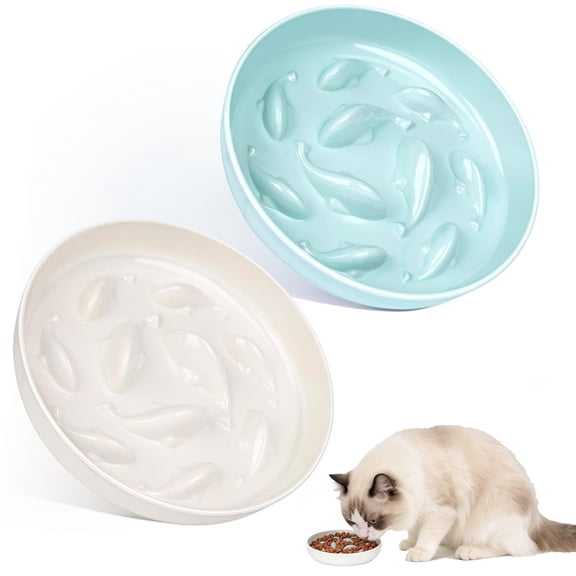 2Pcs Cat Slow Feeder Bowl, Cat Food Bowl with Fish Pool Design, Healthy Eating Diet Pet Bowl, Interactive Puzzle Feeder Dish for Cats, Non-Slip Anti Gulping Cat Bowl for Dry and Wet Food