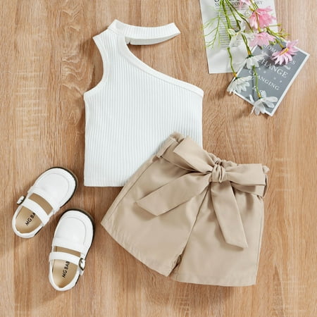 

Leutsin Baby Boys Short-Sleeve Bodysuit Toddler Baby Girls Fashion Cute Solid Color Sloping Shoulder Halterneck Top Belt Shorts Suit