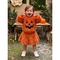 thumbnail image 5 of RUINIXCW Kids Girl Halloween Outfit Smiling Eyelashes Embroidery Long Sleeves Plush Sweatshirt and Mini Skirt 2 Pcs Set, 5 of 7