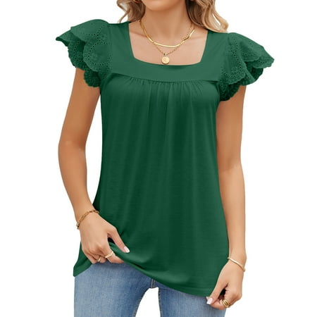Womens Summer Tops Square Neck Lace Short Sleeve Babydoll Shirts Dressy Casual Pleated Flowy Blouses-M