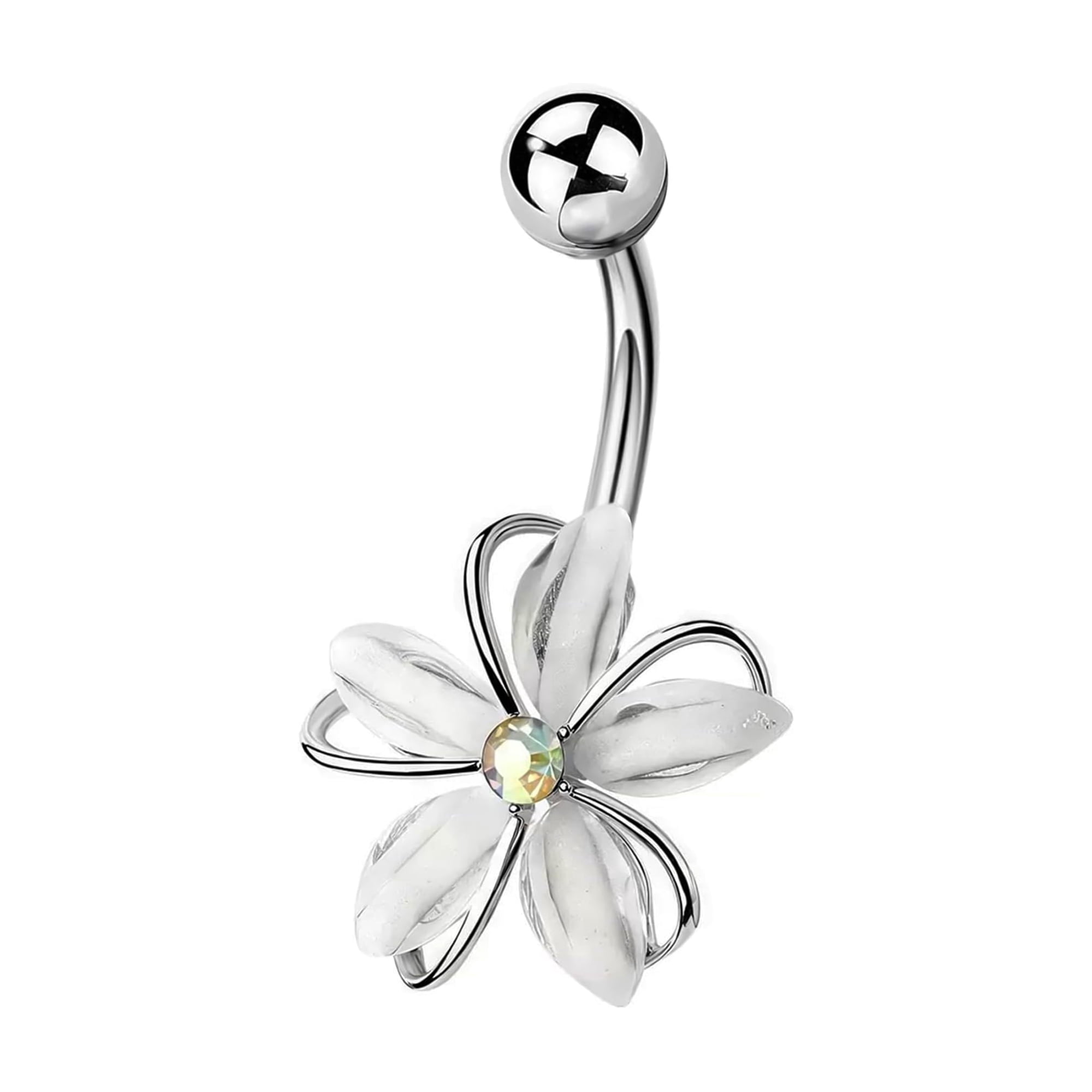 14G 316L Flower Belly Button Ring Stainless Steel CZ Centered Wire Flower Belly Button Ring Body Piercing Jewelry