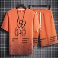 thumbnail image 3 of Conjunto de chándal y pantalones cortos para hombre, chándal con capucha y estampado de gofres en negro, dos piezas, camiseta y pantalones cortos, estilo coreano 2024, atuendo elegante, 3 of 5
