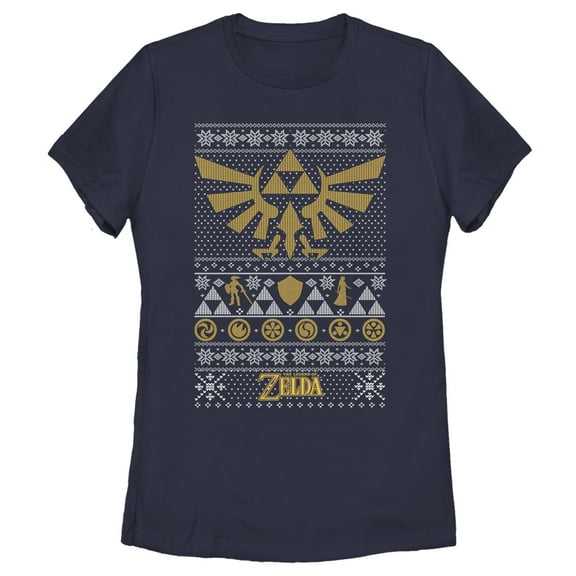 Women's Nintendo Ugly Christmas Legend of Zelda Triforce  Graphic Tee Navy Blue X Large