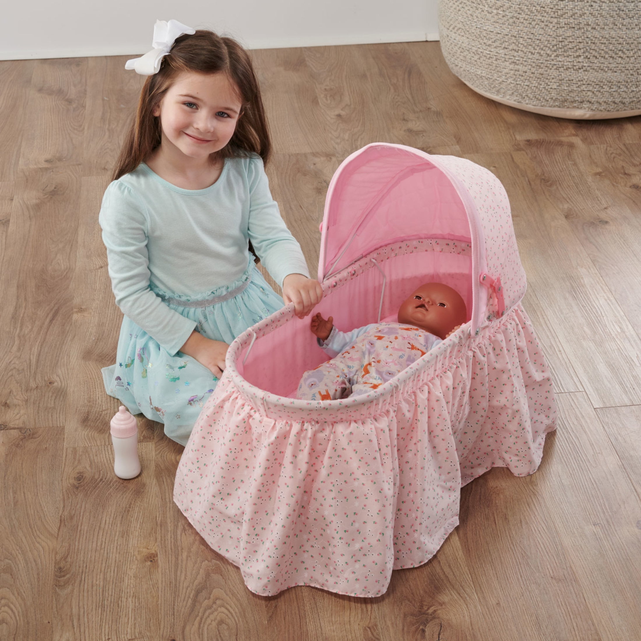 Badger Basket Foldable Doll Rocking Cradle with Hood for Dolls up to 22 inches- Pink/Rosebud