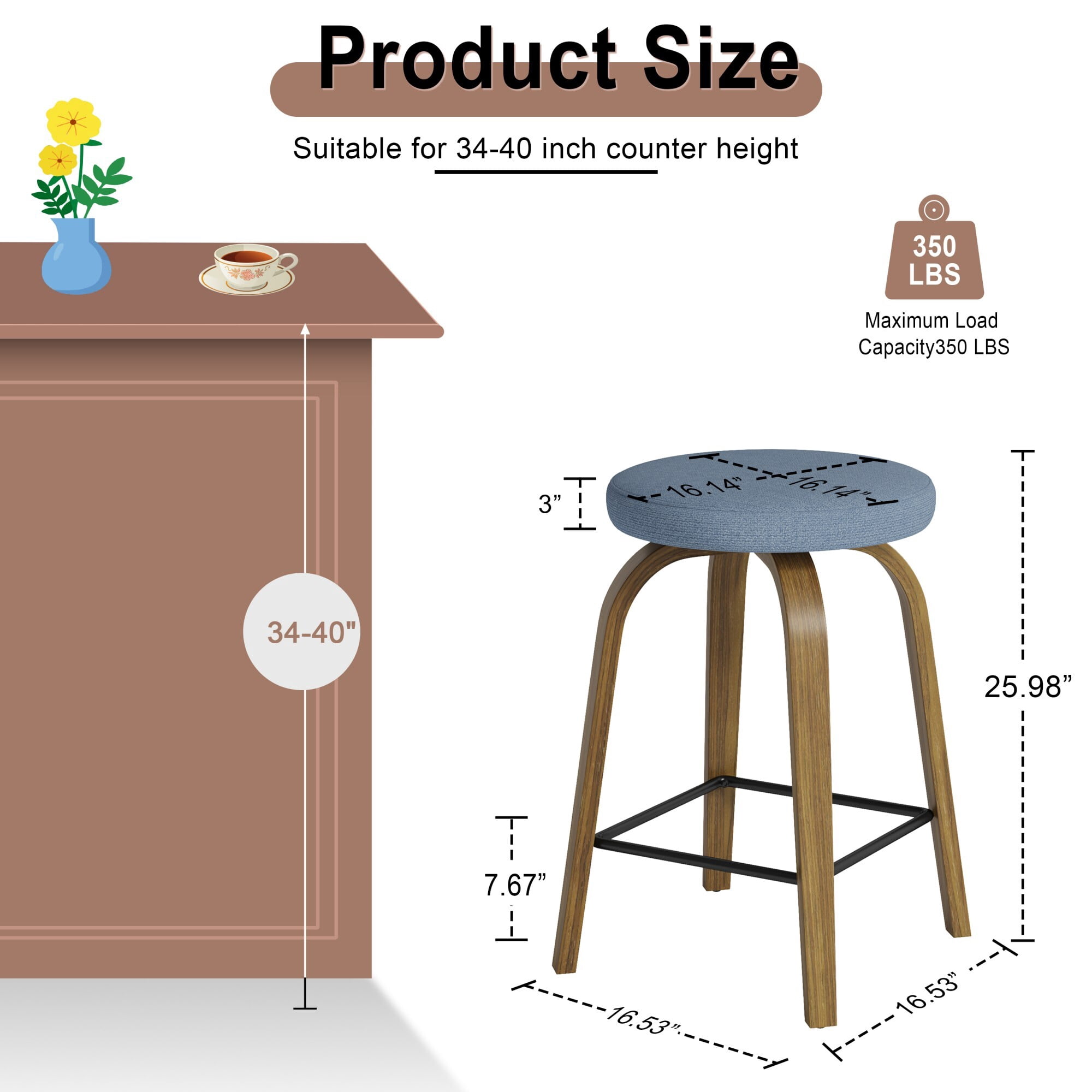 AENKYO 26" Swivel Bar Stools Set of 2, Counter Height Island Stools for 34"-40" Counters, Fabric Padded, Blue