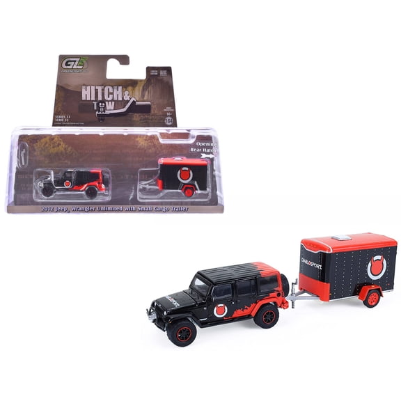 2012 Jeep Wrangler Unlimited "Diablo Sport" Black with Red Graphics & Small Cargo Trailer 1/64 Diecast Model Cars by Greenlight