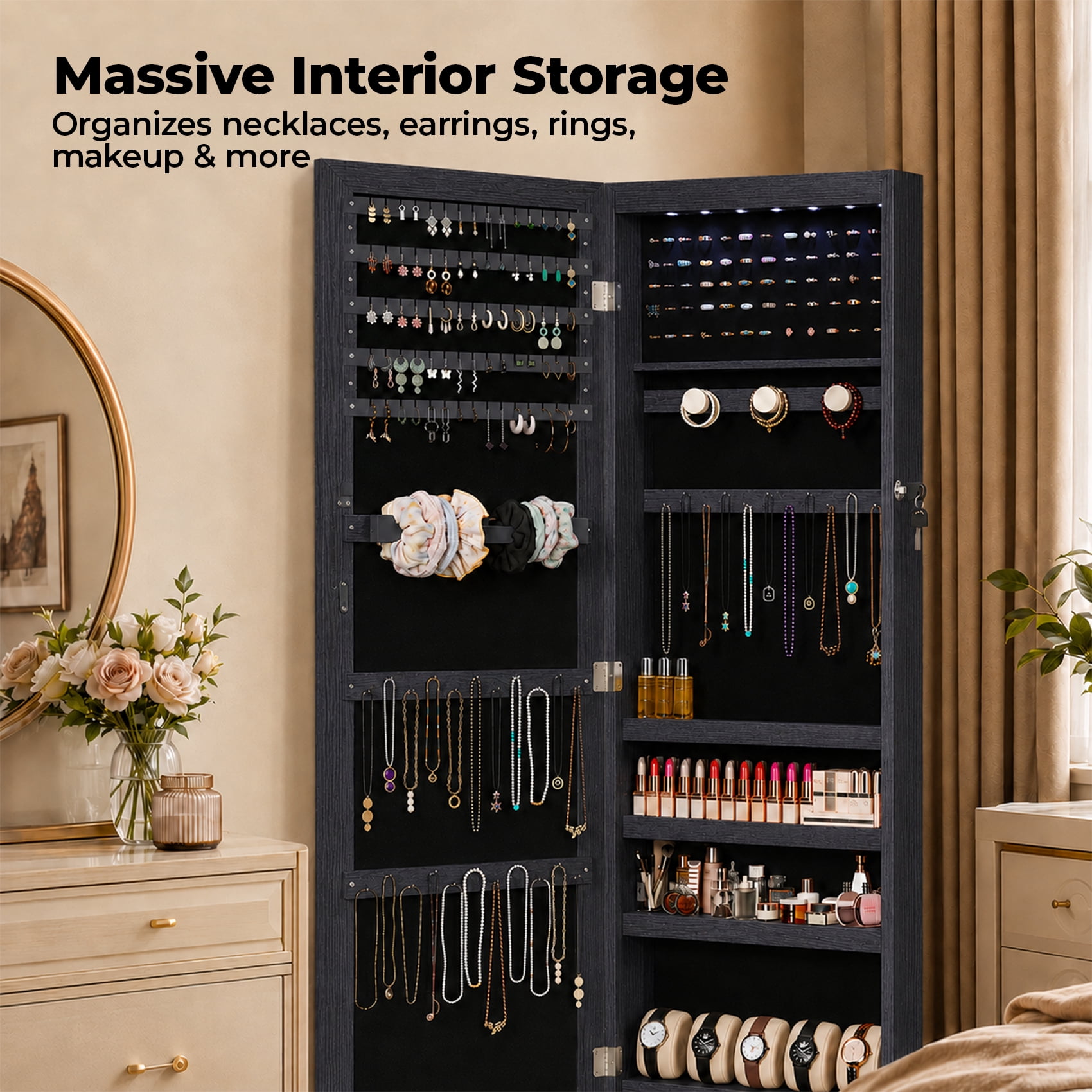 Alvantor Jewelry Organizers and Storage, 47.2-Inch Tall Lockable Wall or Door Mounted Jewelry Armoire Organizer with Mirror, 2 Drawers, 6 LEDs Mirror Jewelry Cabinet