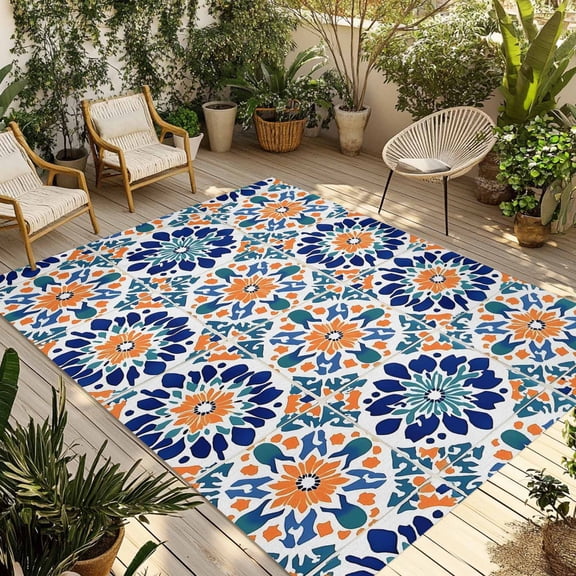 Fsddascl Colorful Flowers Outdoor Rug for Patio/Deck/Porch, Non-Slip Large Area Rug 4 x 6 Ft, Boho Ethnic Abstract Floral Plaid Indoor Outdoor Rugs Washable Area Rugs, Reversible Camping Rug Carpet