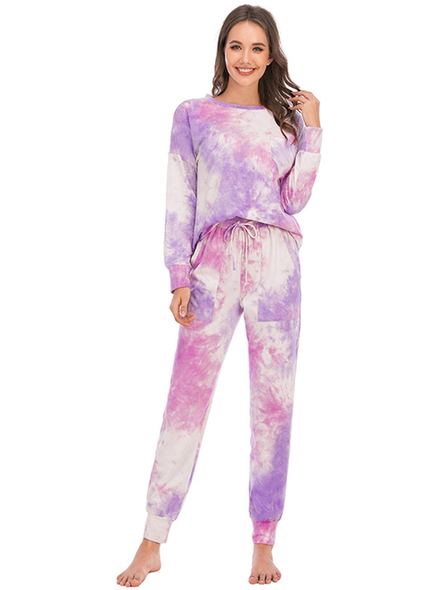 Lulubary Tie Dye Womens Pajama Sets 2 Piece Long/Short Sleeve Sweatshirt with Pants Sleepwear Nightwear Soft Pj Lounge Set 