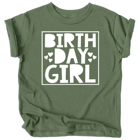 

Olive Loves Apple Birthday Girl Square with Hearts Birthday T-Shirts for Any Age Birthday White on Military Green Shirt 12 Months
