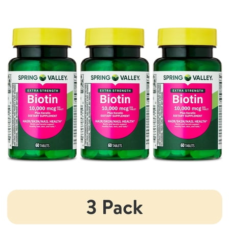 (3 pack) Spring Valley Extra Strength Biotin Plus Keratin Dietary Supplement Tablets for Hair/Skin/Nail Health 10 000 mcg 60 Count