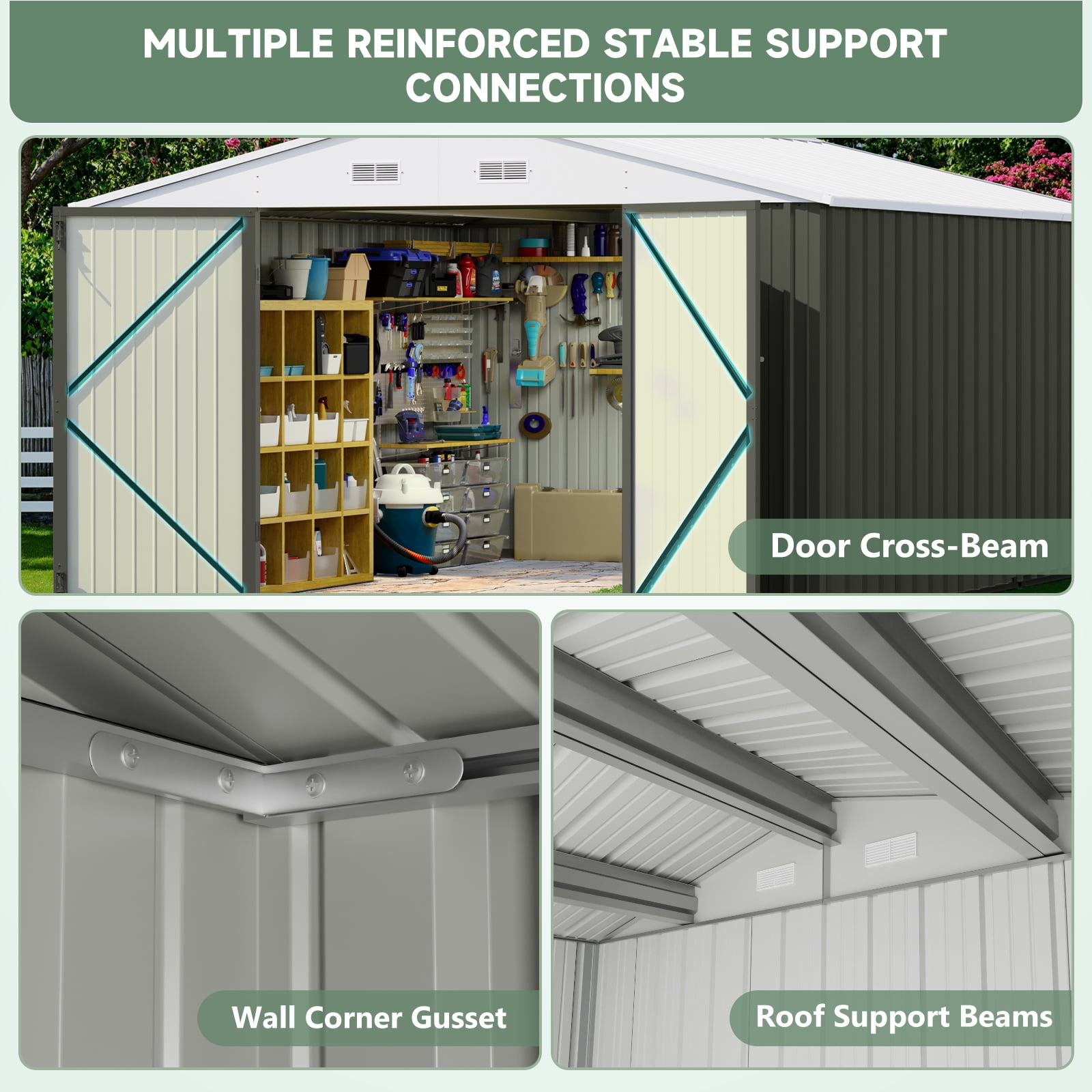 Patiowell,Outdoor Storage Shed Metal 10x14FT,Gray-White for Patio Garden Tool Storage