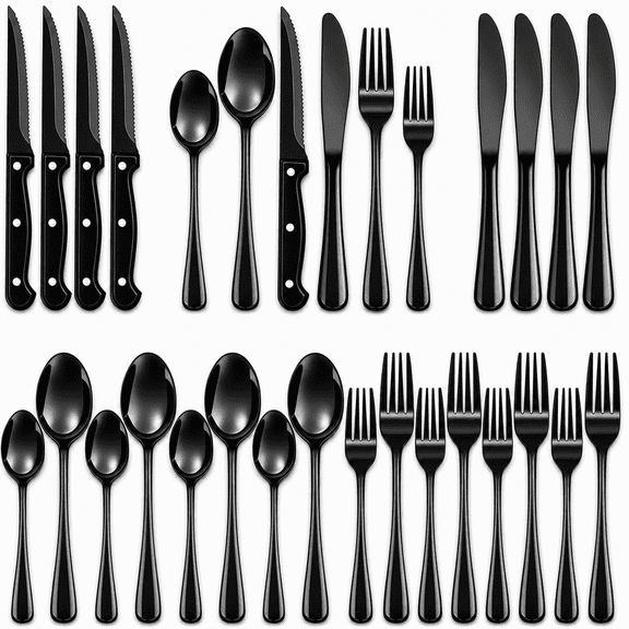 NULAS 24-Piece Silverware Set, Mirror Polish Stainless Steel Flatware Set. Includes Steak Knives, Dishwasher Safe for Home & Restaurant, Gifts, Black.