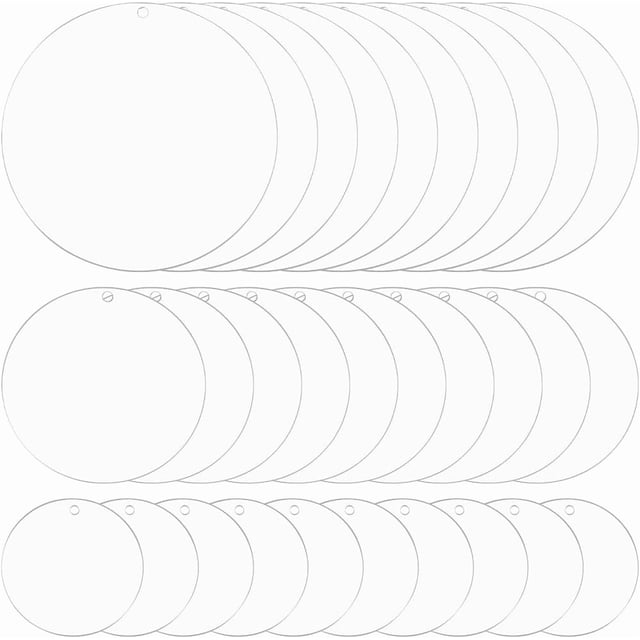 1 caja de 30 adornos redondos grandes de acrílico de 2'', 3'' y 4'', llaveros de plástico en blanco, discos blancos transparentes para adornos navideños.