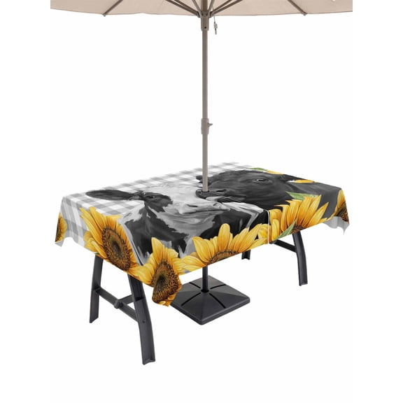 Outdoor Tablecloths with Umbrella Hole & Zipper, Sunflower Cows 60 x102 Inch Rectangle Tablecloths, Farmhouse Floral Watercolor Botanical Plaid Waterproof Table Cloth, Patio/Pool/Picnic Table Covers