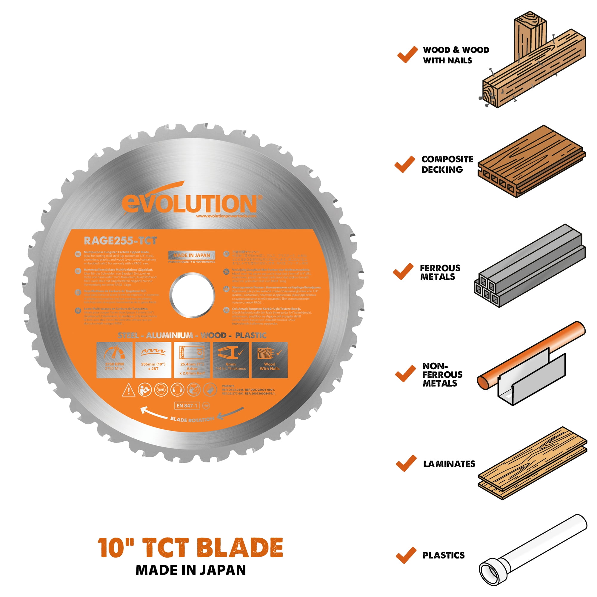 Evolution Power Tools 10" Multi-Material Blade, RAGE255BLADE