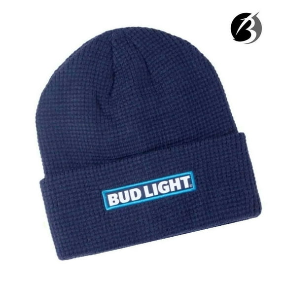 Bud Light Cuffed Waffle Knit Navy Blue Beanie Cap Hat Embroidered Logo Toboggan