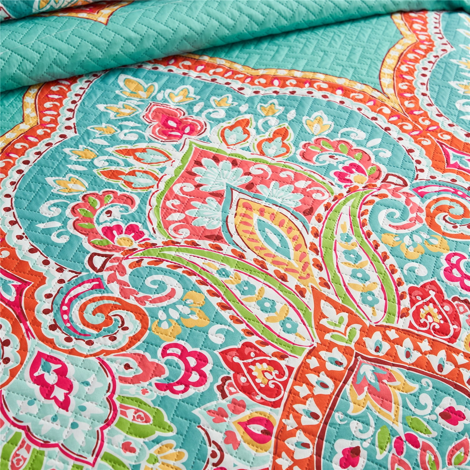 JML 3 Piece Quilt Set King Size,Lightweight Microfiber Bedspread Coverlet,Turquoise & Tangerine
