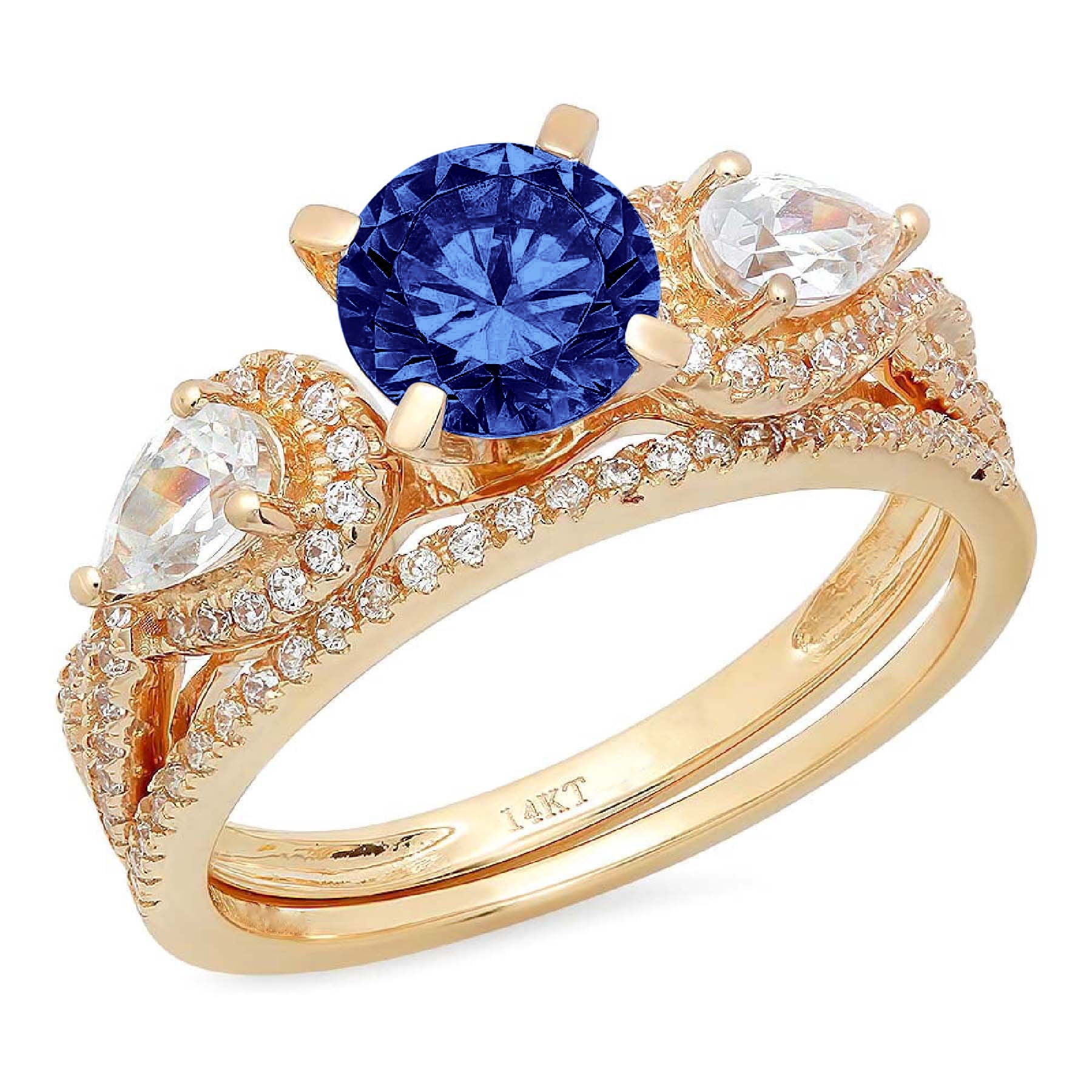 1 Ct Round Cut Cz Blue Topaz & Simulated Diamond 14k Yellow Gold Plated Wedding Bridal Set Double Halo Engagement Ring