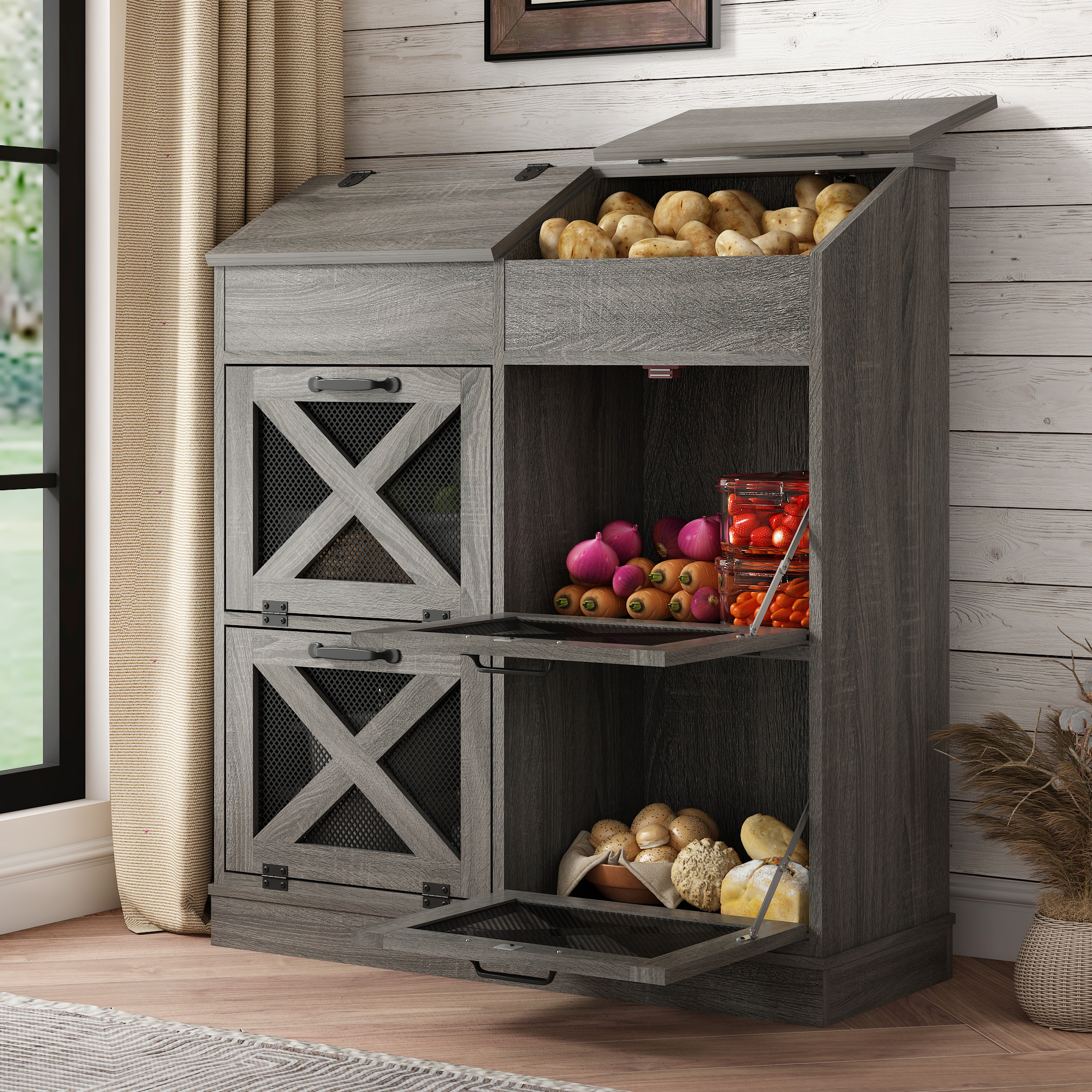 ChVans Large Potato Storage Wood Bin, Wooden Bread Storage Bins, Decorative Potato and Onion Storage Bin with 4 Doors, Potato Bin with Grocery Section, Wooden Vegetable Storage Box with Lid