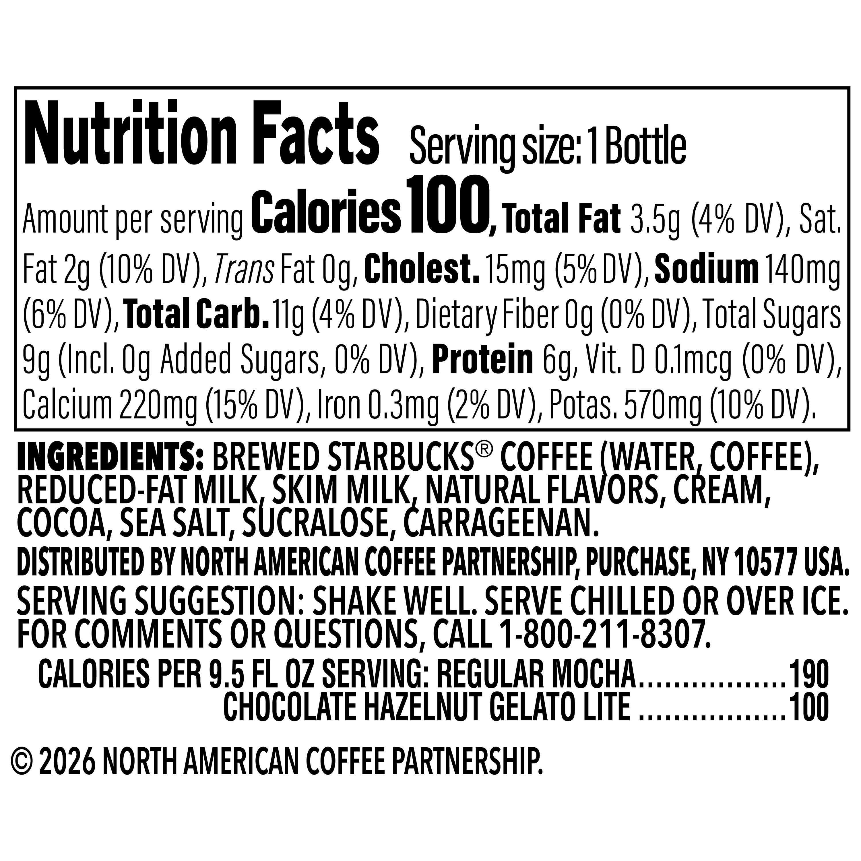 Starbucks Lite Chocolate Hazelnut Gelato Frappuccino Lite Iced Coffee Drink, 9.5 fl oz Bottles, 12 pack​