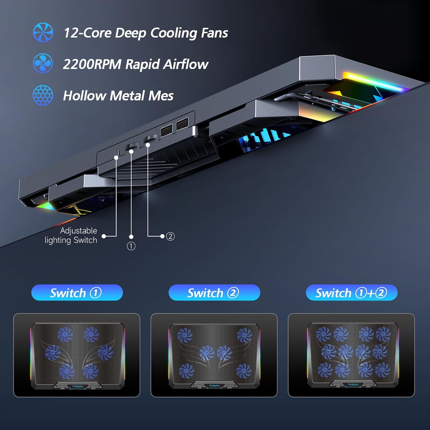 Laptop Cooling Pad with 12 Quiet Fans, Slim Portable for 12-17.3 Inch Cooler Stand 5 Height Adjustable, Ergonomic Gaming Fan Two USB Ports & Phone Holder (Gear)