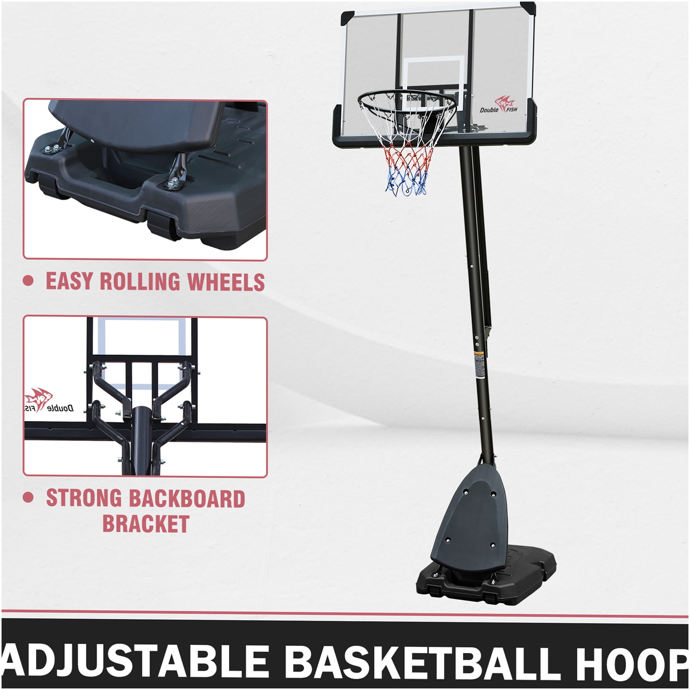 JERFIT 44" Portable Basketball Hoop System with Wheels, Height Adjustable 7.5-10ft Goal Post for Outdoor Indoor Use, Includes Sand/Water Base