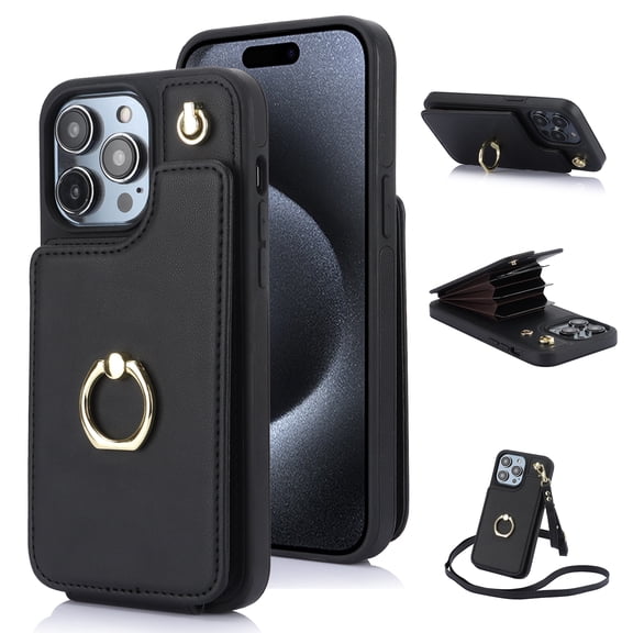 Compatible with iPhone 16 Plus Wallet Case with Card Holder, 360° Rotation Finger Ring Holder Kickstand Protective PU Leather Shoulder Strap Flip Case Cover for iPhone 16 Plus - Black