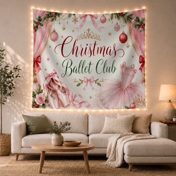 Pink Holiday Village and Sign Tapestry with Coordinated Seasonal Scenes