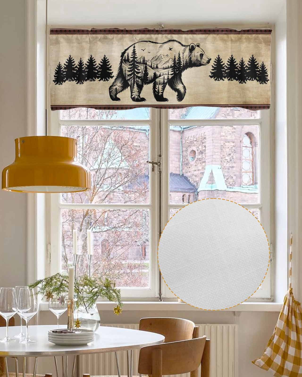 Brown Black Bear Kitchen Valances for Windows Farmhouse Linen Window Valance Curtain for Living Room Window Treatment Farmhouse Cabin Forest Vintage Valance Rod Pocket Topper Drape, 54 x 18 Inch