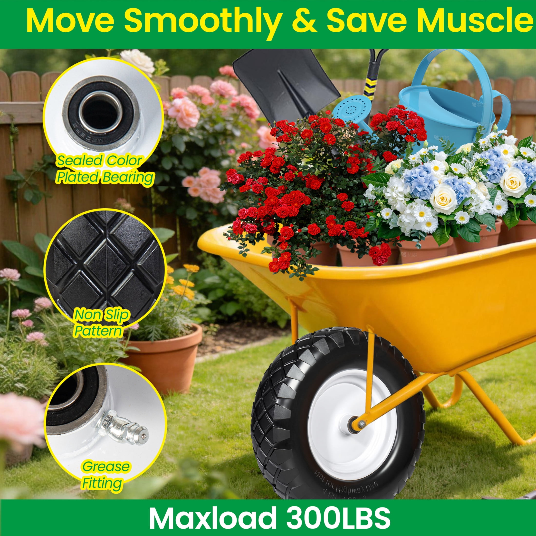 Noble House 16" x 3.5" Flat-Free Solid Wheelbarrow Tires & Wheels with 3" Center Hub for Garden Cart, Black & White