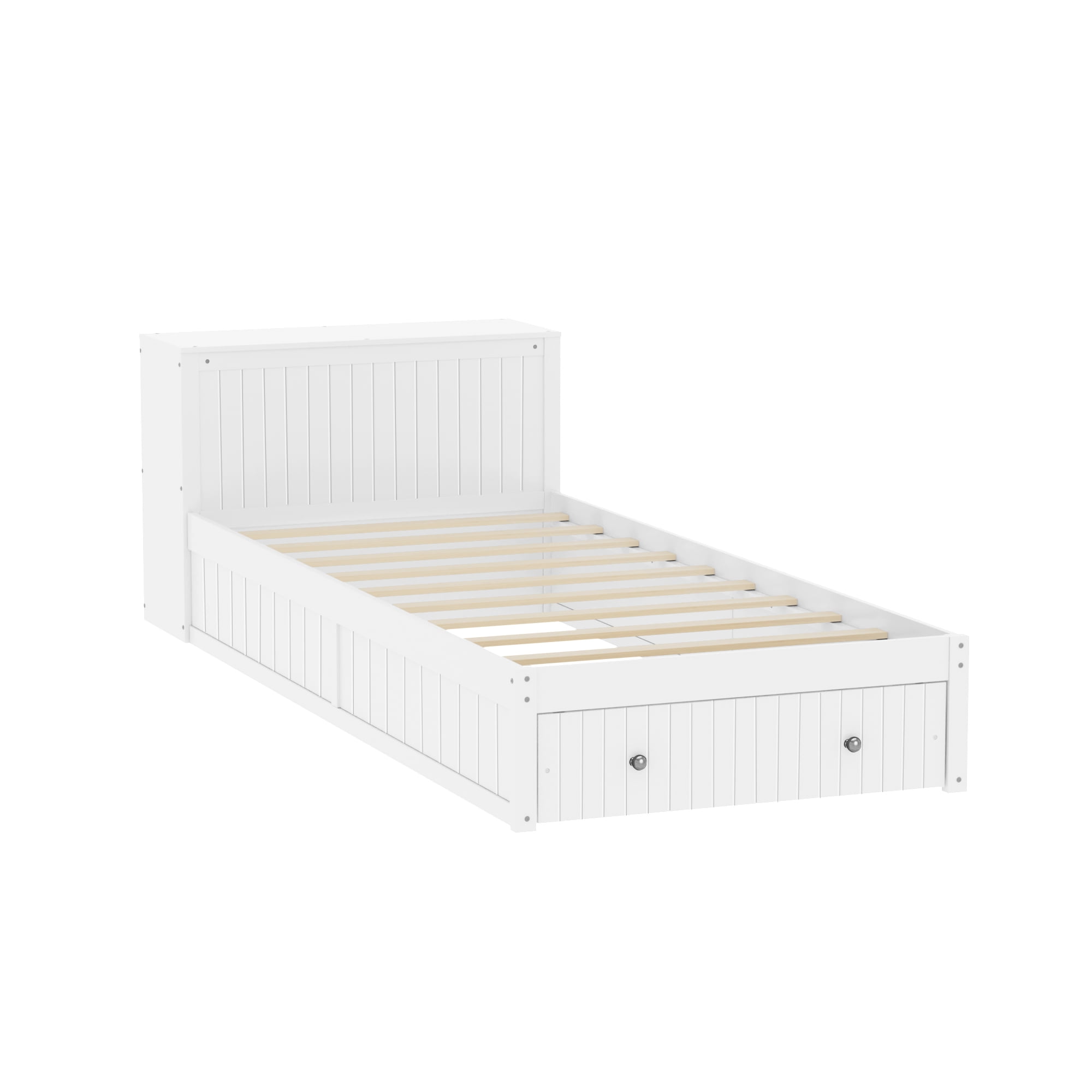 Mintazer Twin Size Platform Bed with Desk & Chair, Multifunctional Platform Bed with Storage Drawer & Side Open Shelves for Kids Teen Bedroom Apartment, White