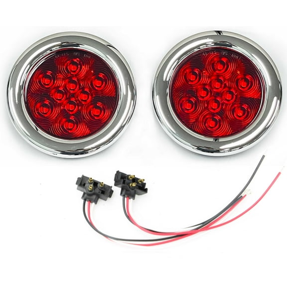 LIBRA (2) Red 10 LED 4" Round Truck Trailer Brake Stop Turn Tail Lights Surface Mount w/Chrome Bezel