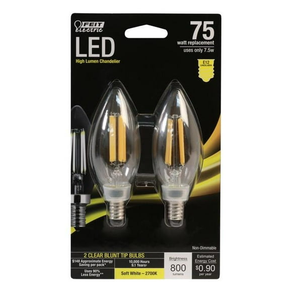 Feit Electric 3001953 75 watt Equivalence Blunt Tip E12 Candelabra LED Bulb, Soft White - Pack of 2 - Case of 6