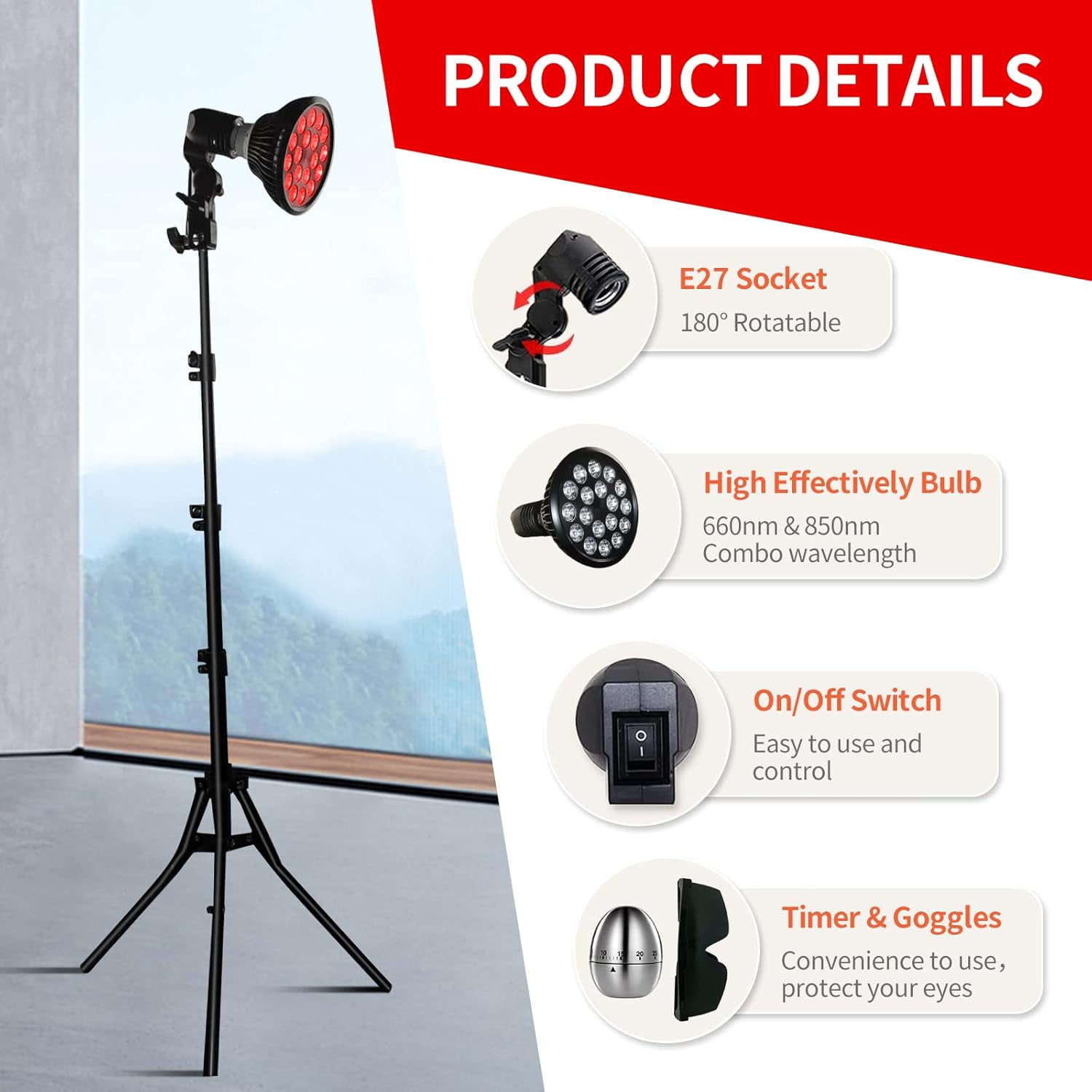 Red Light  Lamp with Stand for Body and Face 36 Dual-Chips 660nm Red and 850nm Near Infrared Red Light  Device, with Adjustable Tripod, Timer and Goggles